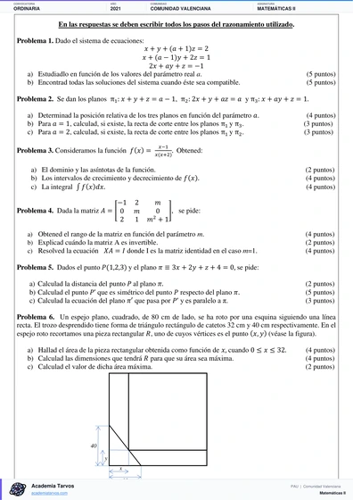 Vista previa de Examen PAU de Matemáticas II de Comunitat Valenciana 2021 – Ordinaria