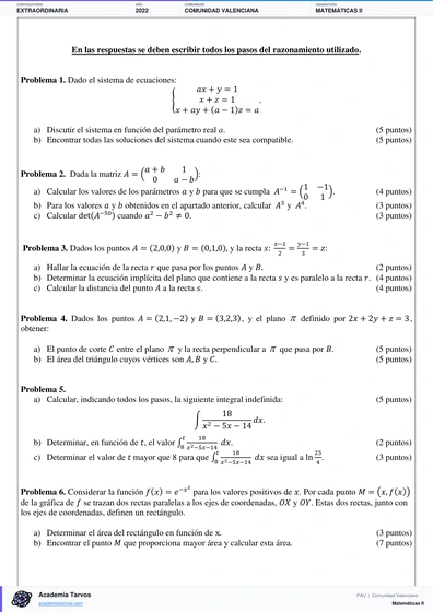 Vista previa de Examen PAU de Matemáticas II de Comunitat Valenciana 2022 – Extraordinaria