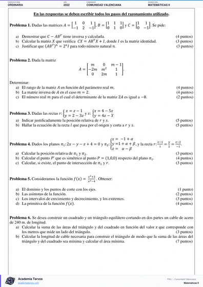 Vista previa de Examen PAU de Matemáticas II de Comunitat Valenciana 2022 – Ordinaria