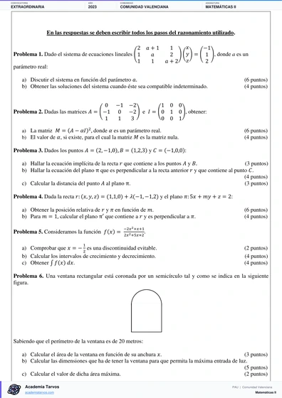 Vista previa de Examen PAU de Matemáticas II de Comunitat Valenciana 2023 – Extraordinaria