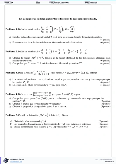 Vista previa de Examen PAU de Matemáticas II de Comunitat Valenciana 2023 – Ordinaria