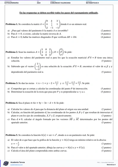 Vista previa de Examen PAU de Matemáticas II de Comunitat Valenciana 2024 – Extraordinaria