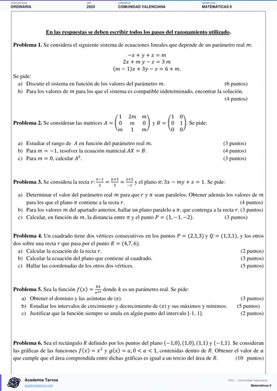 Vista previa de Examen PAU de Matemáticas II de Comunitat Valenciana 2024 – Ordinaria