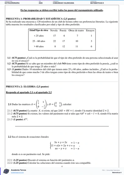 Vista previa de Examen PAU de Matemáticas II de Comunitat Valenciana 2025 – Extraordinaria