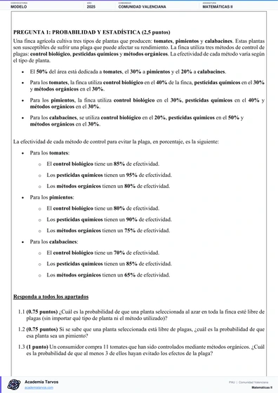 Vista previa de Modelo PAU de Matemáticas II de Comunitat Valenciana 2025