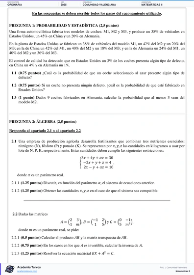Vista previa de Examen PAU de Matemáticas II de Comunitat Valenciana 2025 – Ordinaria