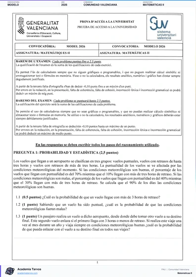 Vista previa de Modelo PAU de Matemáticas II de Comunitat Valenciana 2026