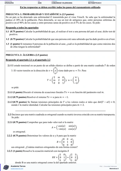 Vista previa de Examen PAU de Matemáticas II de Comunitat Valenciana 2026 – Ordinaria