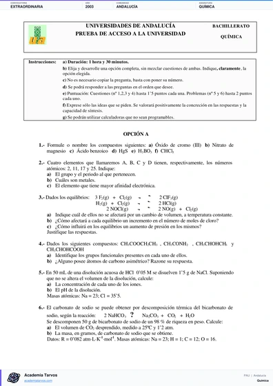 Vista previa de Examen PAU de Química de Andalucía 2003 – Extraordinaria