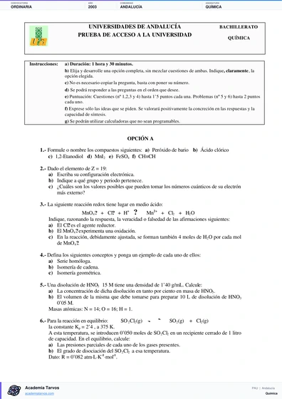 Vista previa de Examen PAU de Química de Andalucía 2003 – Ordinaria