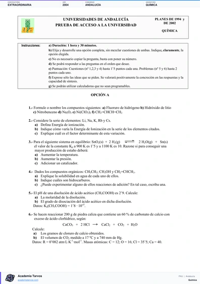 Vista previa de Examen PAU de Química de Andalucía 2004 – Extraordinaria