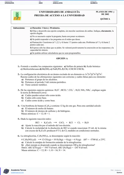 Vista previa de Examen PAU de Química de Andalucía 2004 – Ordinaria