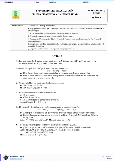 Vista previa de Examen PAU de Química de Andalucía 2005 – Ordinaria