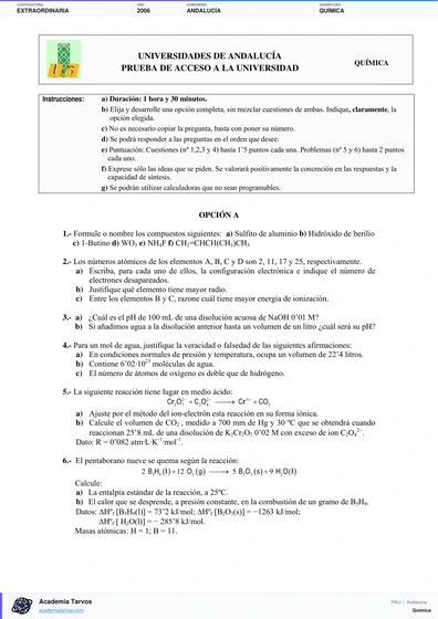 Vista previa de Examen PAU de Química de Andalucía 2006 – Extraordinaria