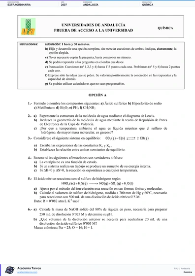 Vista previa de Examen PAU de Química de Andalucía 2007 – Extraordinaria