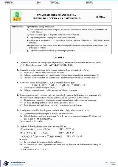 Vista previa de Examen PAU de Química de Andalucía 2007 – Ordinaria