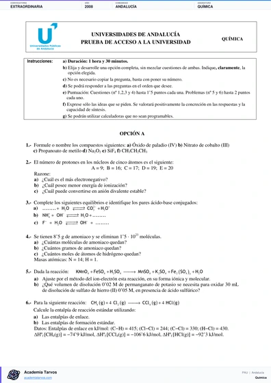 Vista previa de Examen PAU de Química de Andalucía 2008 – Extraordinaria