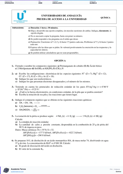 Vista previa de Examen PAU de Química de Andalucía 2008 – Ordinaria