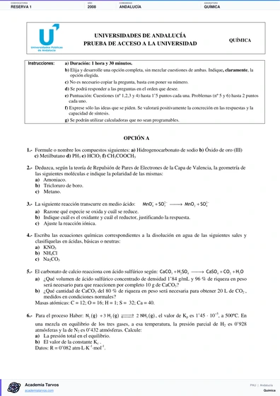 Vista previa de Examen PAU de Química de Andalucía 2008 – Reserva 1