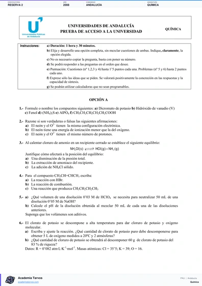Vista previa de Examen PAU de Química de Andalucía 2008 – Reserva 2