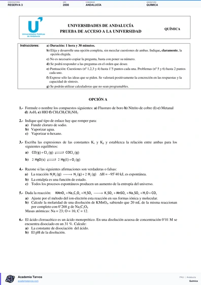 Vista previa de Examen PAU de Química de Andalucía 2008 – Reserva 3