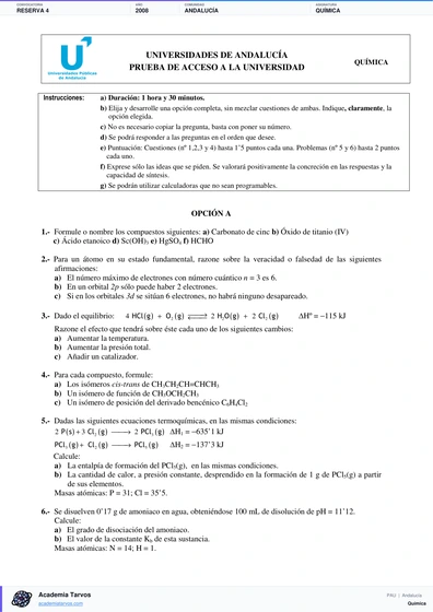 Vista previa de Examen PAU de Química de Andalucía 2008 – Reserva 4