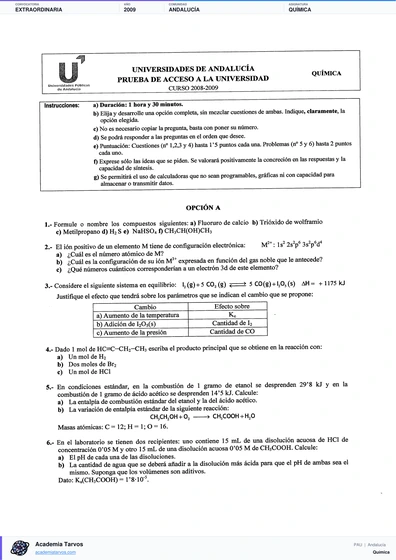 Vista previa de Examen PAU de Química de Andalucía 2009 – Extraordinaria