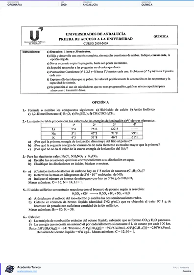 Vista previa de Examen PAU de Química de Andalucía 2009 – Ordinaria