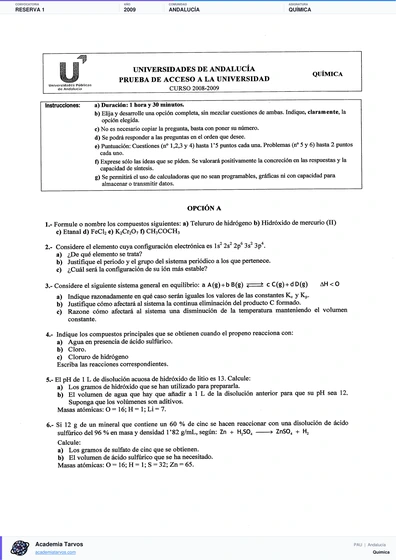 Vista previa de Examen PAU de Química de Andalucía 2009 – Reserva 1