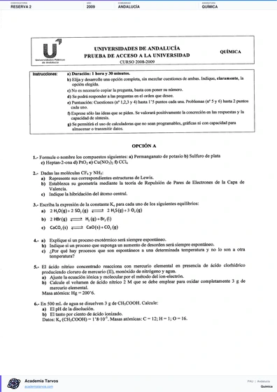 Vista previa de Examen PAU de Química de Andalucía 2009 – Reserva 2