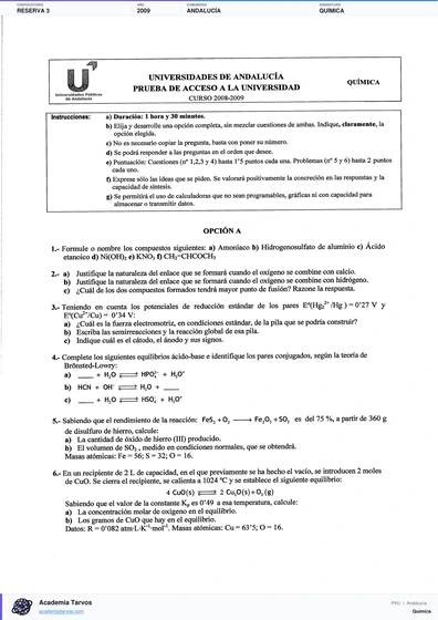 Vista previa de Examen PAU de Química de Andalucía 2009 – Reserva 3