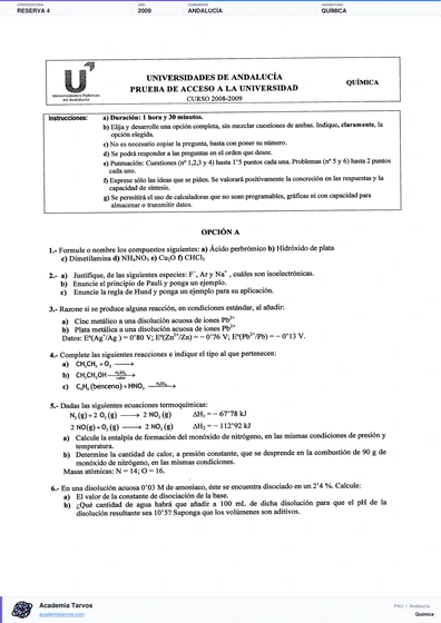 Vista previa de Examen PAU de Química de Andalucía 2009 – Reserva 4