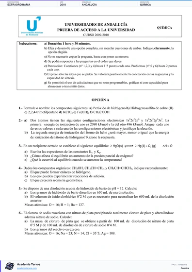 Vista previa de Examen PAU de Química de Andalucía 2010 – Extraordinaria