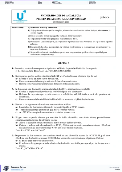 Vista previa de Examen PAU de Química de Andalucía 2010 – Ordinaria
