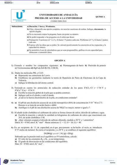 Vista previa de Examen PAU de Química de Andalucía 2010 – Reserva 1