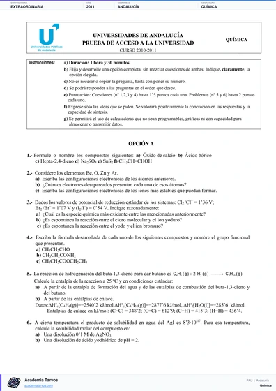 Vista previa de Examen PAU de Química de Andalucía 2011 – Extraordinaria
