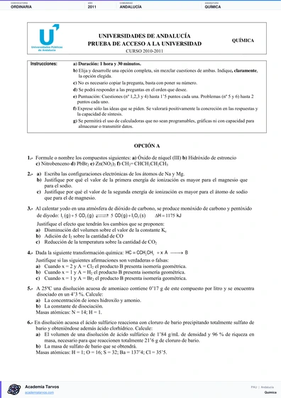 Vista previa de Examen PAU de Química de Andalucía 2011 – Ordinaria