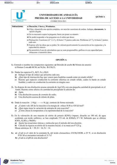 Vista previa de Examen PAU de Química de Andalucía 2011 – Reserva 2