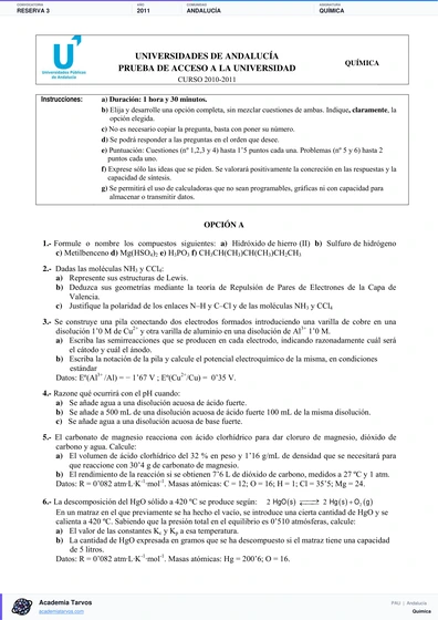 Vista previa de Examen PAU de Química de Andalucía 2011 – Reserva 3