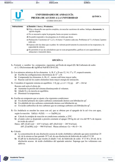 Vista previa de Examen PAU de Química de Andalucía 2011 – Reserva 4