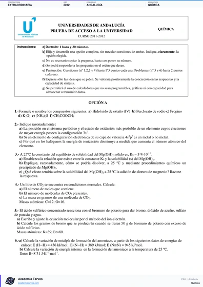 Vista previa de Examen PAU de Química de Andalucía 2012 – Extraordinaria