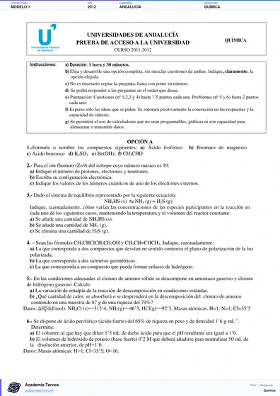 Vista previa de Modelo PAU de Química de Andalucía 2012 – Modelo 1