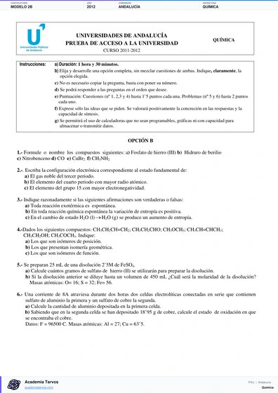 Vista previa de Modelo PAU de Química de Andalucía 2012 – Modelo 2B
