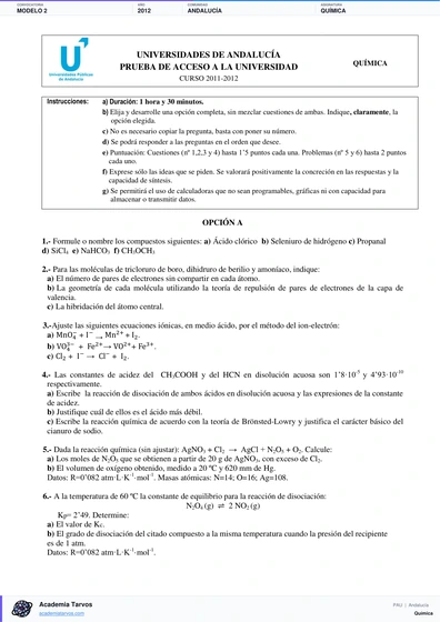 Vista previa de Modelo PAU de Química de Andalucía 2012 – Modelo 2