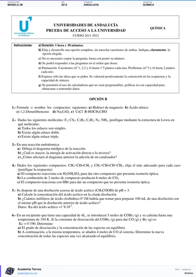 Vista previa de Modelo PAU de Química de Andalucía 2012 – Modelo 3B