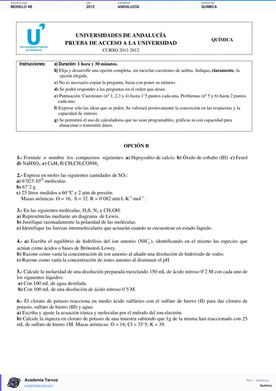 Vista previa de Modelo PAU de Química de Andalucía 2012 – Modelo 4B