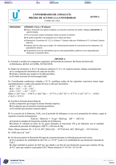 Vista previa de Modelo PAU de Química de Andalucía 2012 – Modelo 4