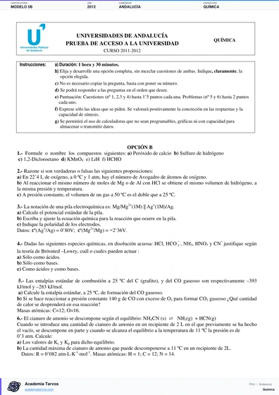 Vista previa de Modelo PAU de Química de Andalucía 2012 – Modelo 5B