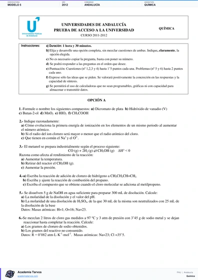 Vista previa de Modelo PAU de Química de Andalucía 2012 – Modelo 5