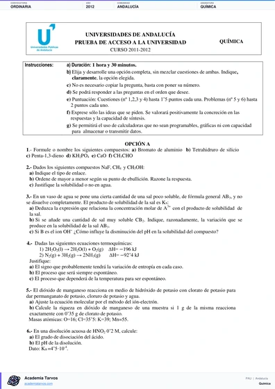 Vista previa de Examen PAU de Química de Andalucía 2012 – Ordinaria